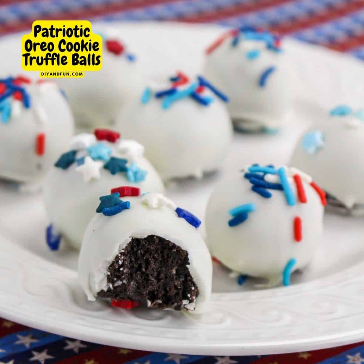 Patriotic Oreo Cookie Truffle Balls, a simple no bake dessert recipe featuring sandwich cookies and red, white, and blue sprinkles.
