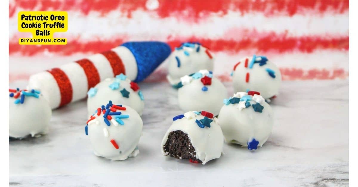 Patriotic Oreo Cookie Truffle Balls, a simple no bake dessert recipe featuring sandwich cookies and red, white, and blue sprinkles.