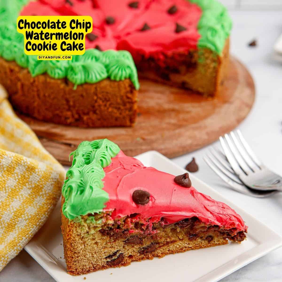 Watermelon Chocolate Chip Cookie Cake, a simple and delicious recipe for making a giant cookie decorated like a watermelon.