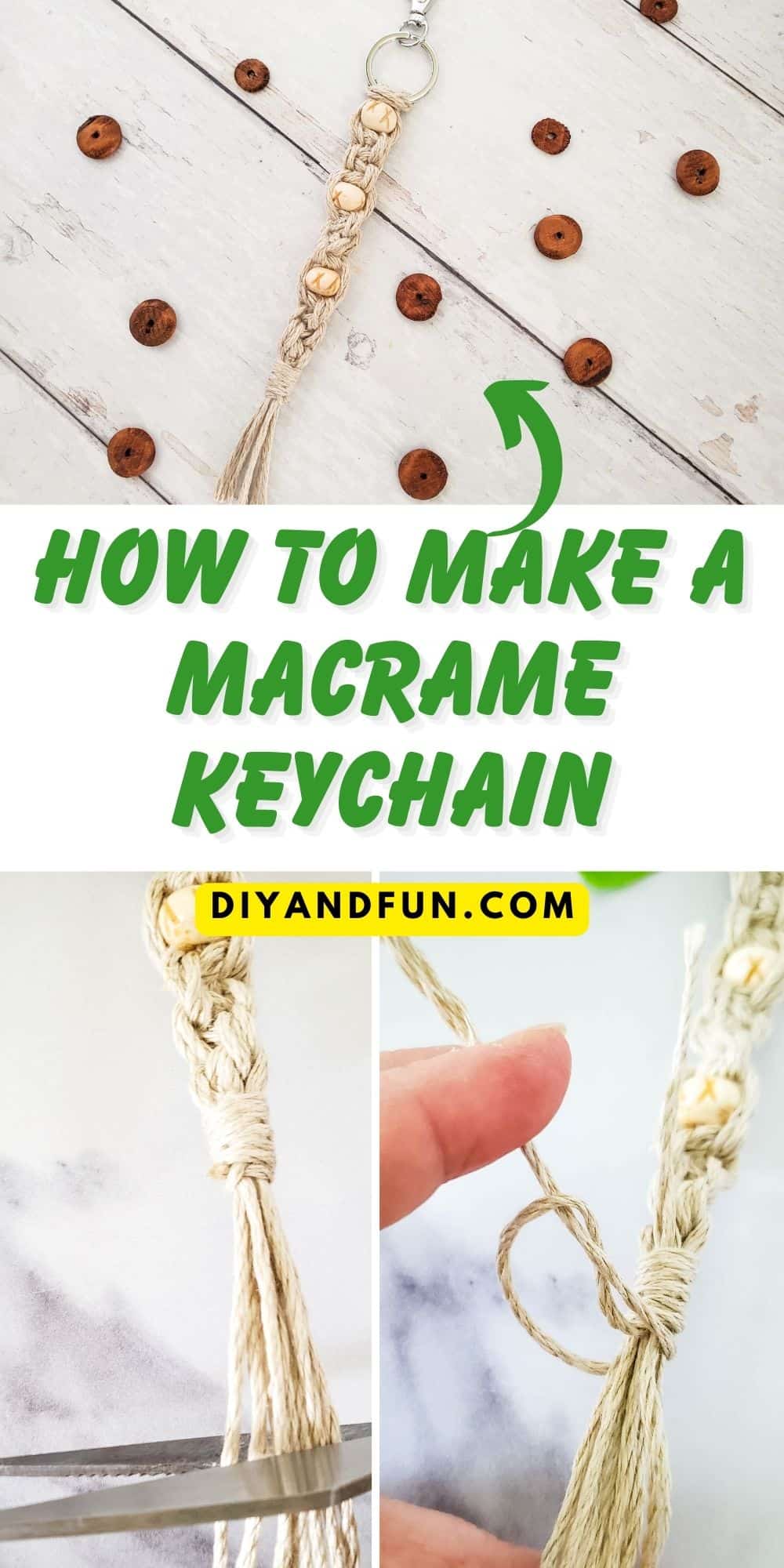 ow to Make a Macrame Keychain, a simple diy craft project idea for most ages featuring   knotted cord that can be done in about 30 minutes.