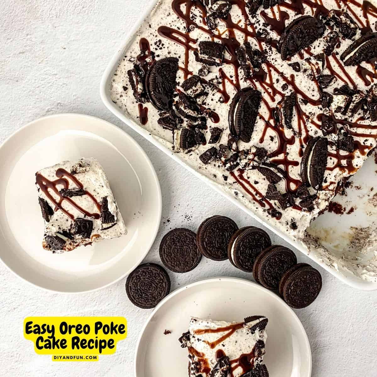 Easy Oreo Poke Cake Recipe, a delicious and moist cake recipe idea using cake mix, instant pudding, and whipped topping.