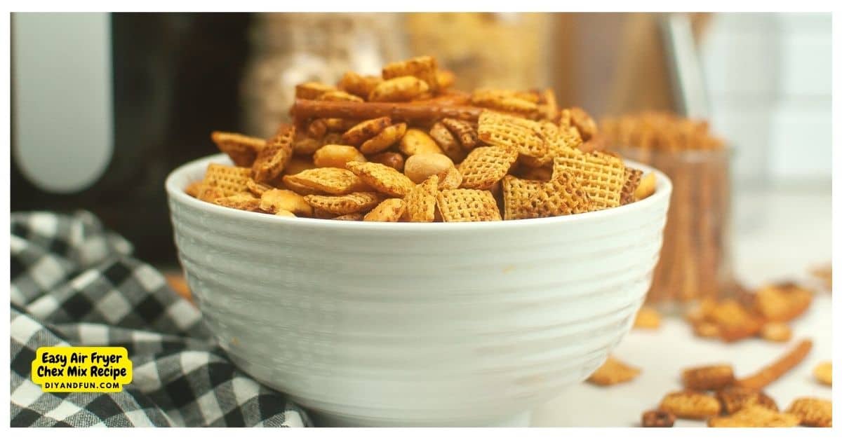 Easy Air Fryer Chex Mix Recipe, the perfect salty, crunch, and savory snack idea that can be made in about 10 minutes.