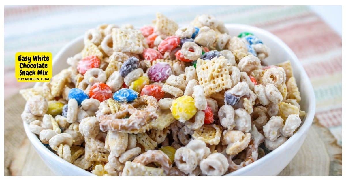 Easy White Chocolate Snack Mix, a simple and delicious sweet, salty, and crunchy recipe made with cereal, candy, pretzels, and nuts.