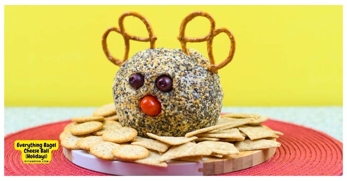 Everything Bagel Cheese Ball, a delicious and savory appetizer made with a seasoned cream cheese base and decorated for the holidays