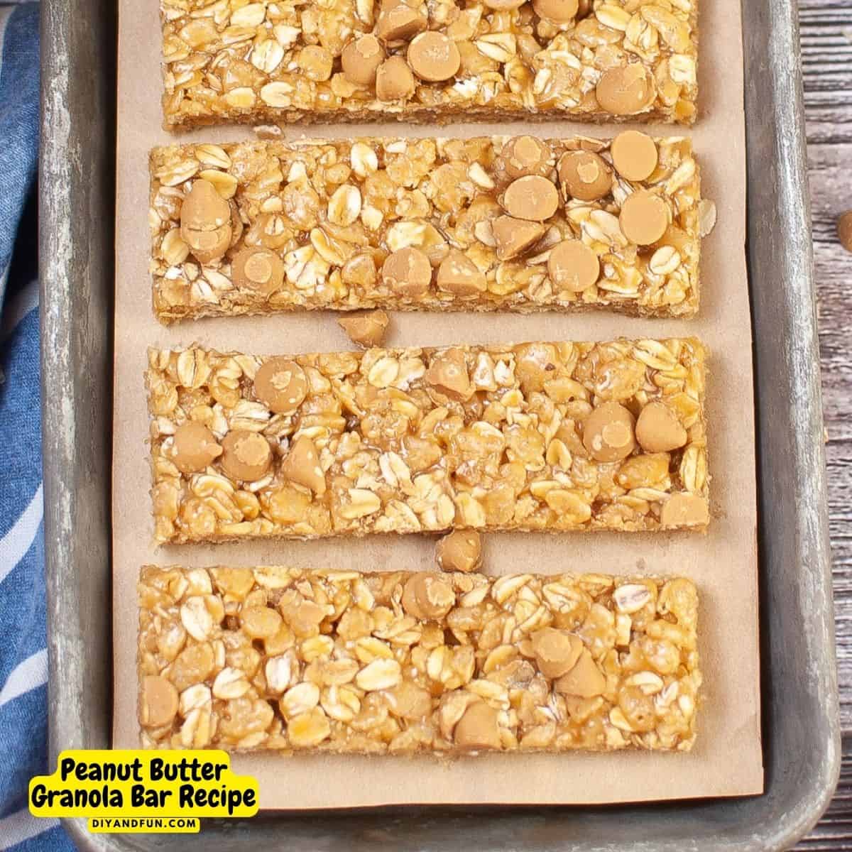 Peanut Butter Granola Bars Recipe, a quick and easy no bake snack recipe made with oats and peanut butter chips.