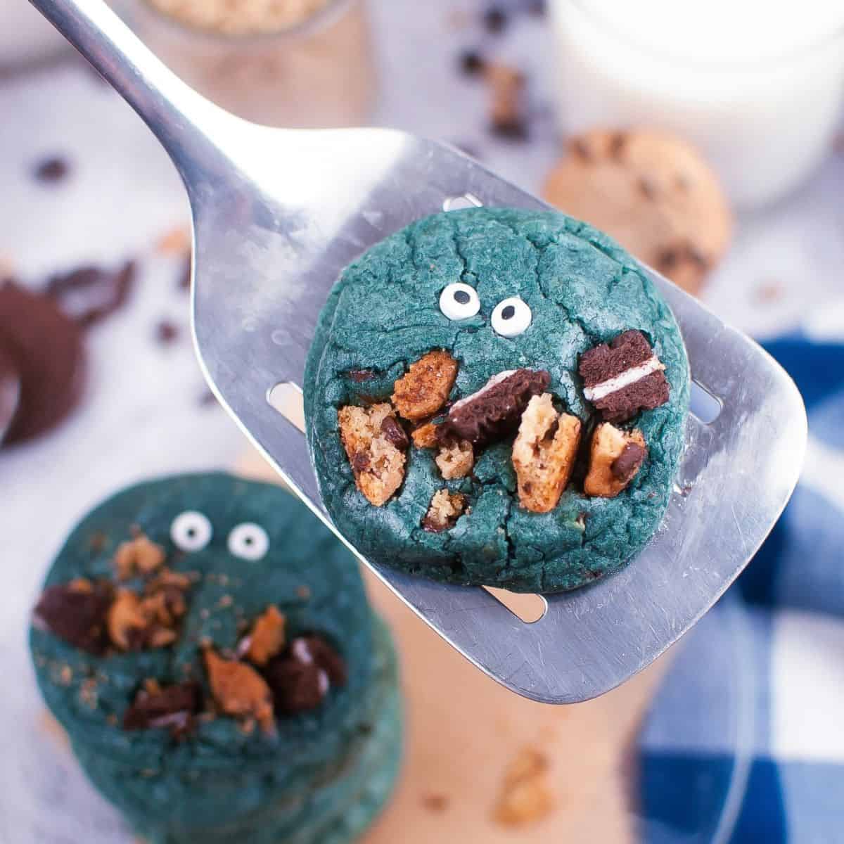 Favorite Cookie Monster Inspired Cookies, a simple recipe for blue chocolate chip cookies decorated to look like a monster eating cookies.