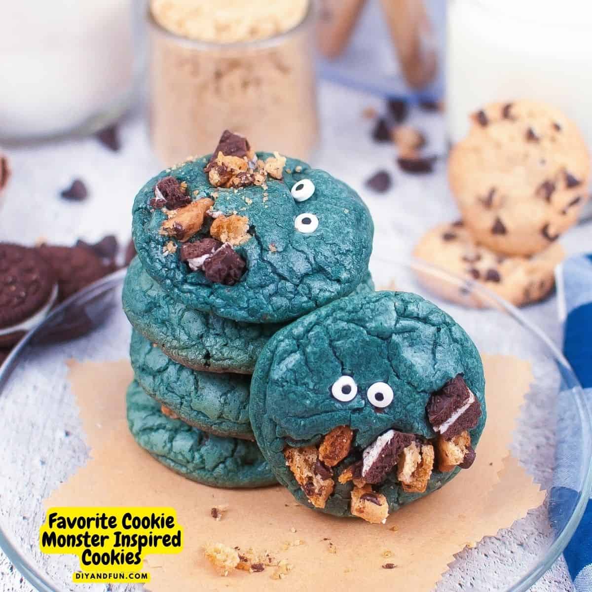 Favorite Cookie Monster Inspired Cookies, a simple recipe for blue chocolate chip cookies decorated to look like a monster eating cookies. Favorite Cookie Monster Inspired Cookies, a simple recipe for blue chocolate chip cookies decorated to look like a monster eating cookies.