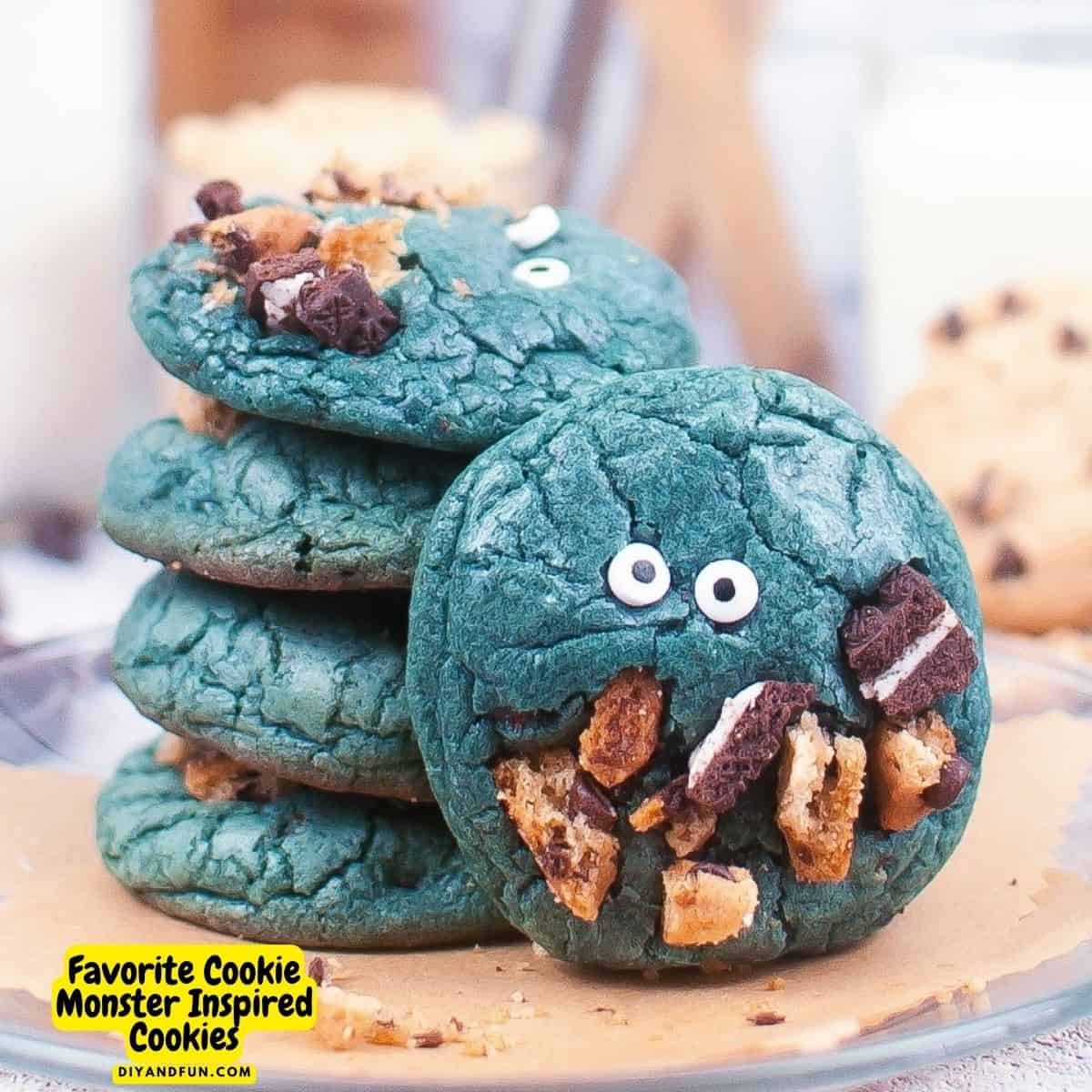 Favorite Cookie Monster Inspired Cookies, a simple recipe for blue chocolate chip cookies decorated to look like a monster eating cookies. Favorite Cookie Monster Inspired Cookies, a simple recipe for blue chocolate chip cookies decorated to look like a monster eating cookies.