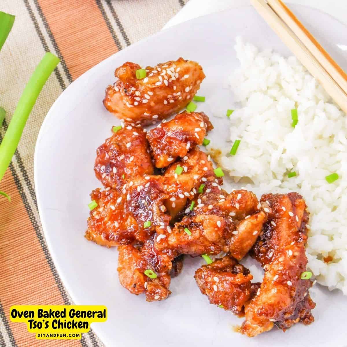 Oven Baked General Tso’s Chicken, a simple and delicious sweet and spicy meal recipe that can be made in about a half hour.