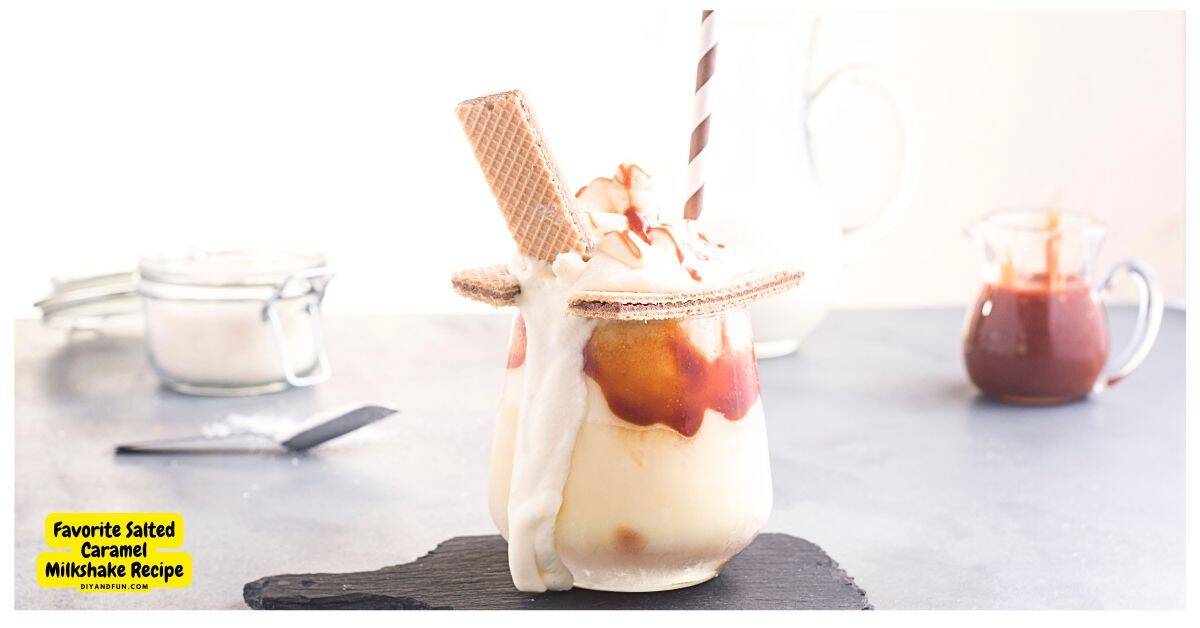 Favorite Salted Caramel Milkshake Recipe, a simple and delicious beverage recipe featuring vanilla ice cream and salted caramel sauce.