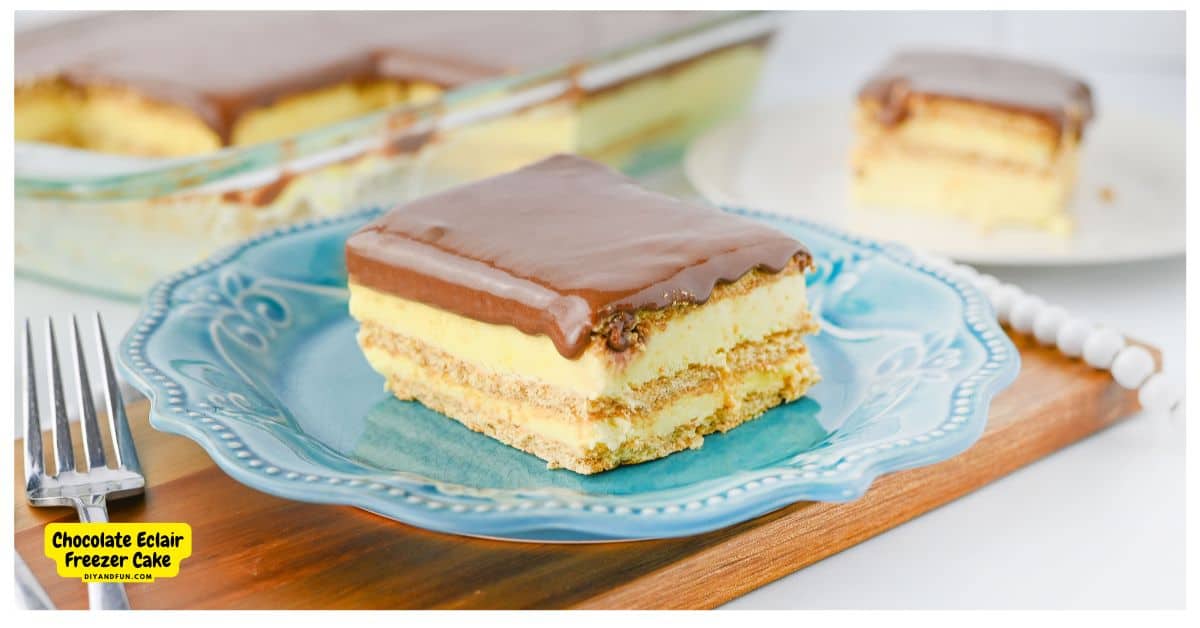 Chocolate Eclair Freezer Cake, a delicious, quick and easy no bake dessert recipe made with just 5 ingredients.