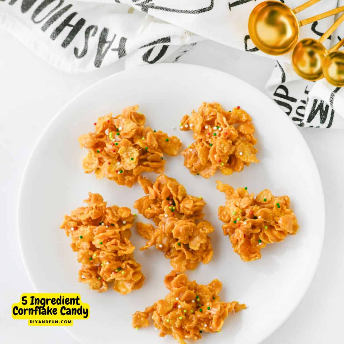 5 Ingredient Cornflake Candy, an easy to make no bake treat recipe featuring crunchy cereal with a chewy peanut butter coating. 5 Ingredient Cornflake Candy, an easy to make no bake treat recipe featuring crunchy cereal with a chewy peanut butter coating.