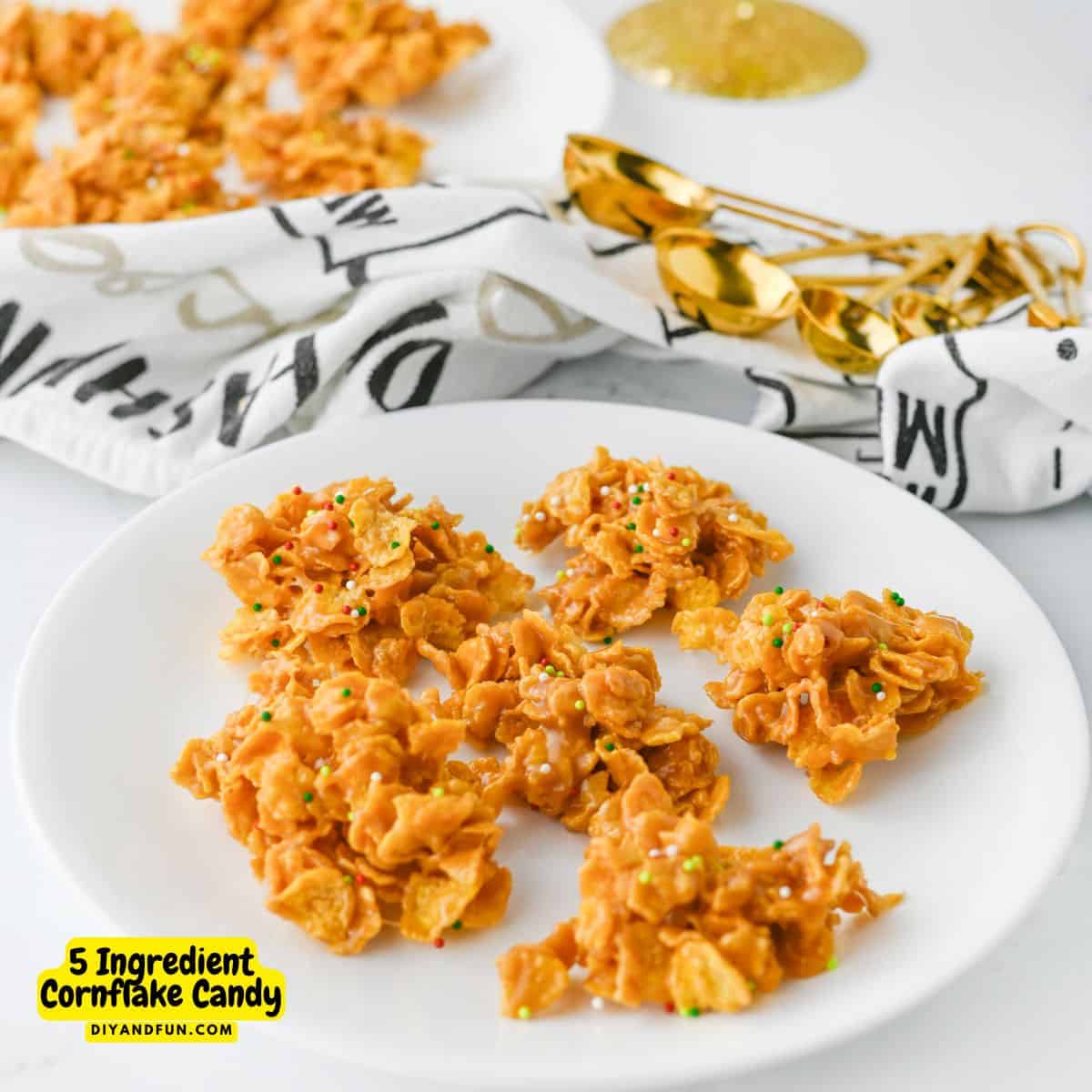 5 Ingredient Cornflake Candy, an easy to make no bake treat recipe featuring crunchy cereal with a chewy peanut butter coating. 5 Ingredient Cornflake Candy, an easy to make no bake treat recipe featuring crunchy cereal with a chewy peanut butter coating.