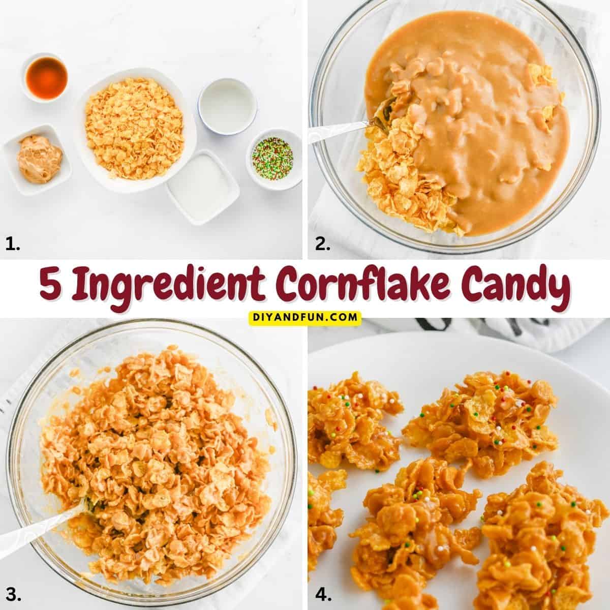 5 Ingredient Cornflake Candy, an easy to make no bake treat recipe featuring crunchy cereal with a chewy peanut butter coating. 5 Ingredient Cornflake Candy, an easy to make no bake treat recipe featuring crunchy cereal with a chewy peanut butter coating.