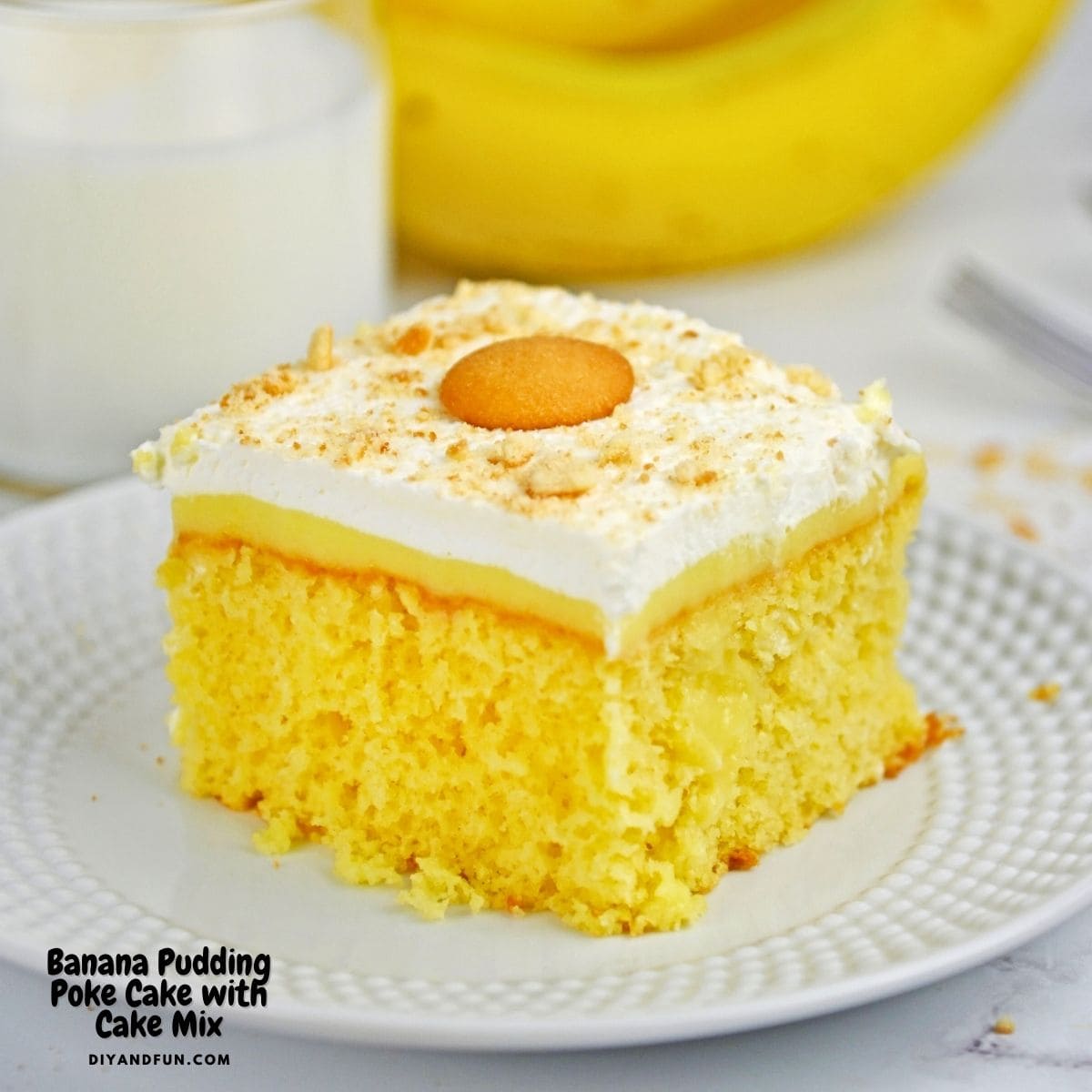 title= Banana Pudding Poke Cake with Cake Mix, an easy dessert recipe for a moist, fluffy yellow cake with creamy banana pudding, and Nilla Wafers