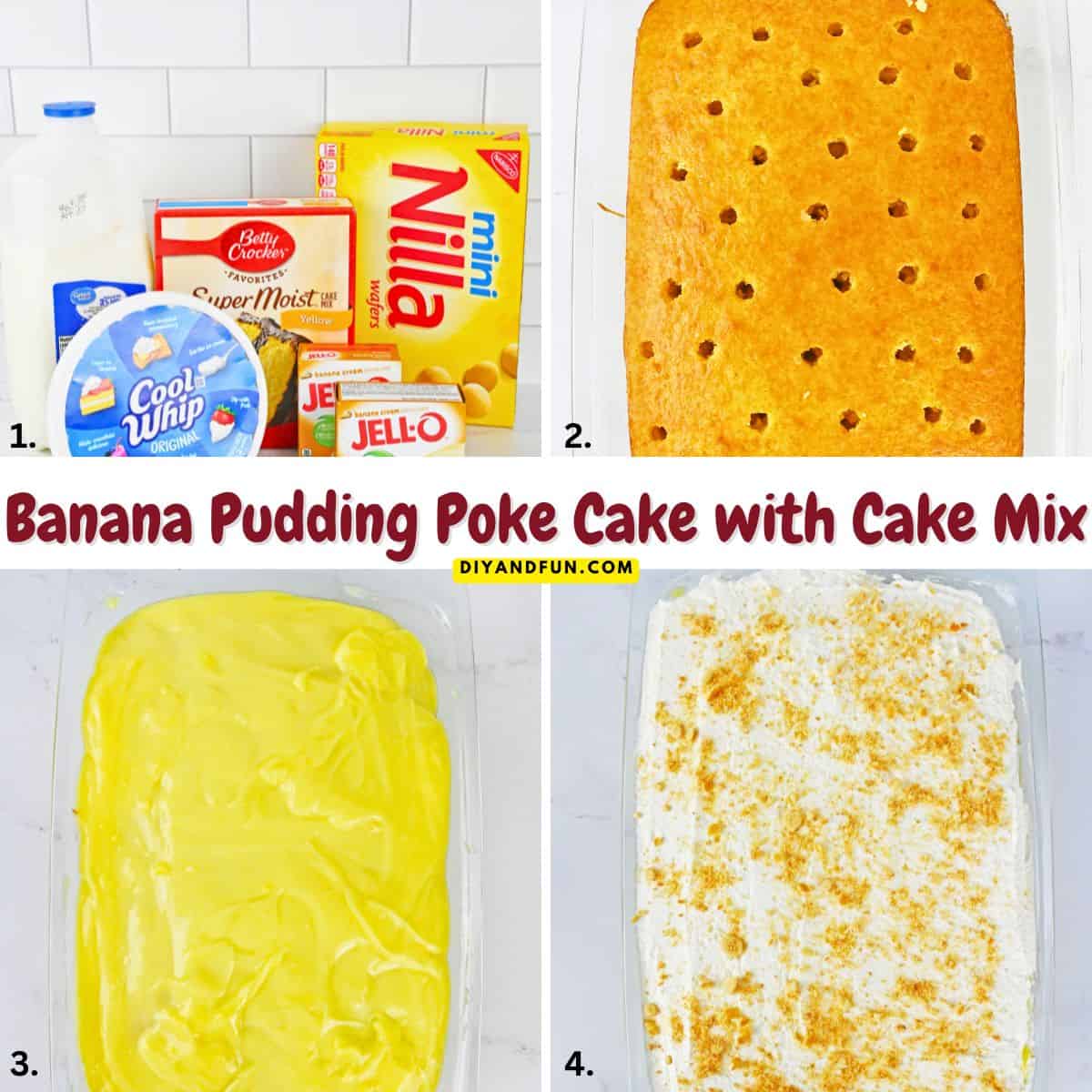 Banana Pudding Poke Cake with Cake Mix, an easy dessert recipe for a moist, fluffy yellow cake with creamy banana pudding, and Nilla Wafers Banana Pudding Poke Cake with Cake Mix, an easy dessert recipe for a moist, fluffy yellow cake with creamy banana pudding, and Nilla Wafers