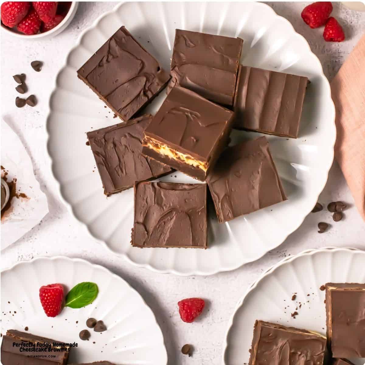  Perfectly Fudgy Homemade Cheesecake Brownies, a decadent, triple-layer dessert featuring a cheesecake center topped with chocolate ganache.