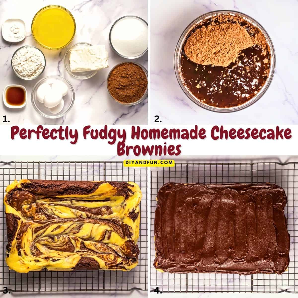 Perfectly Fudgy Homemade Cheesecake Brownie, a decadent, triple-layer dessert featuring a cheesecake center topped with chocolate ganache. Perfectly Fudgy Homemade Cheesecake Brownies, a decadent, triple-layer dessert featuring a cheesecake center topped with chocolate ganache.