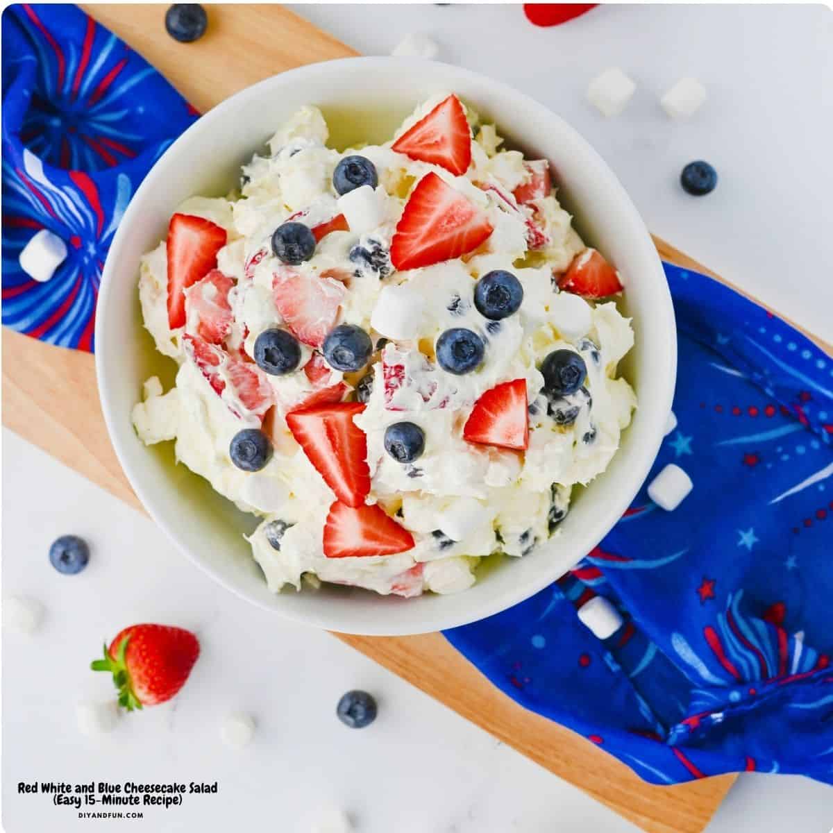 Red White and Blue Cheesecake Salad is an Easy 15-Minute Recipe for the ultimate creamy summer dessert made with fresh berries.