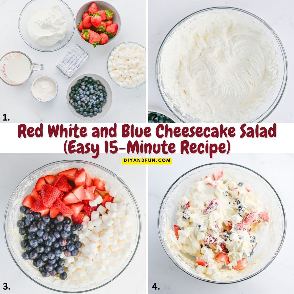 Red White and Blue Cheesecake Salad is an Easy 15-Minute Recipe for the ultimate creamy summer dessert made with fresh berries. Red White and Blue Cheesecake Salad (Easy 15-Minute Recipe)