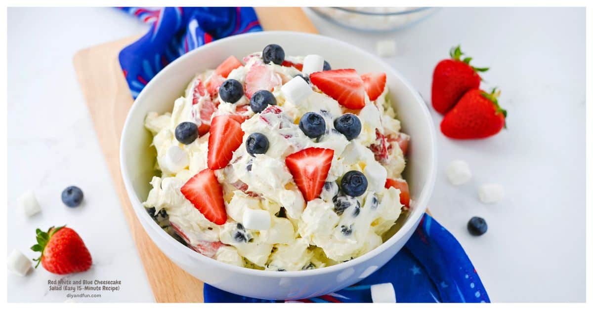 Red White and Blue Cheesecake Salad is an Easy 15-Minute Recipe for the ultimate creamy summer dessert made with fresh berries. Red White and Blue Cheesecake Salad is an Easy 15-Minute Recipe for the ultimate creamy summer dessert made with fresh berries.