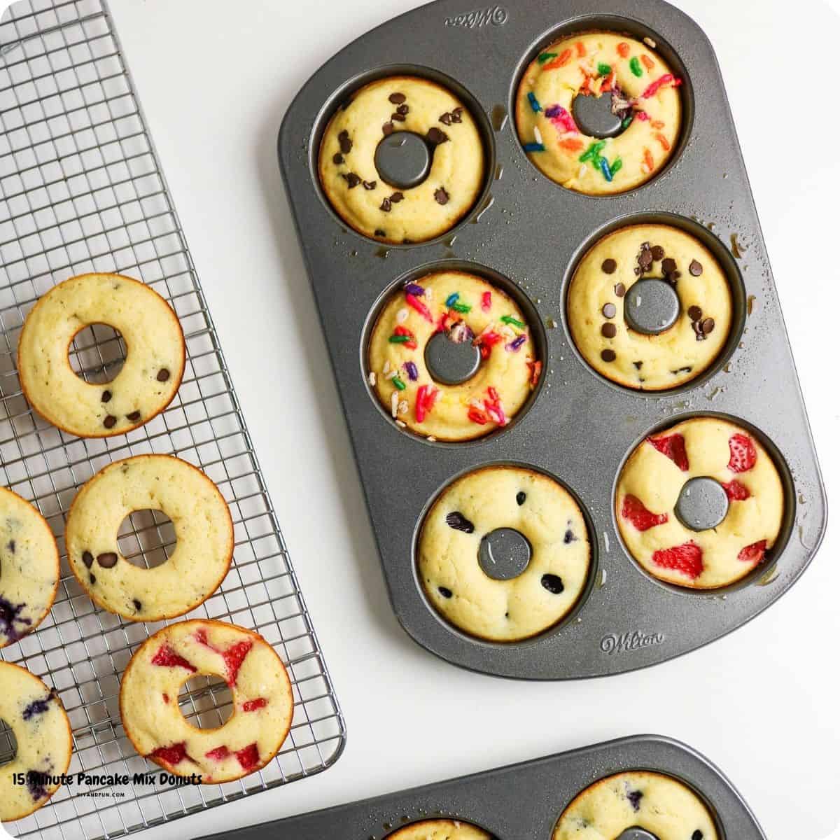 15 Minute Pancake Mix Donuts, easy homemade donuts that are fluffy, customizable, and family-friendly. Perfect for breakfast, snack, or dessert 15 Minute Pancake Mix Donuts, easy homemade donuts that are fluffy, customizable, and family-friendly. Perfect for breakfast, snack, or dessert