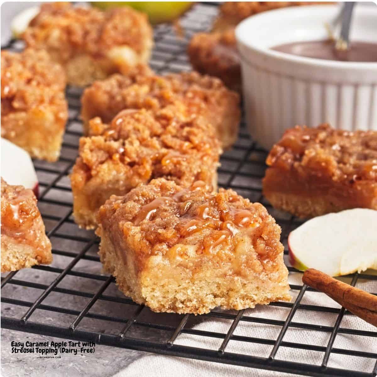 Easy Caramel Apple Tart with Streusel Topping a dairy-free fall dessert recipe made with apples tossed with cinnamon. Vegan, Vegetarian. Easy Caramel Apple Tart with Streusel Topping a dairy-free fall dessert recipe made with apples tossed with cinnamon. A cozy fall dessert!