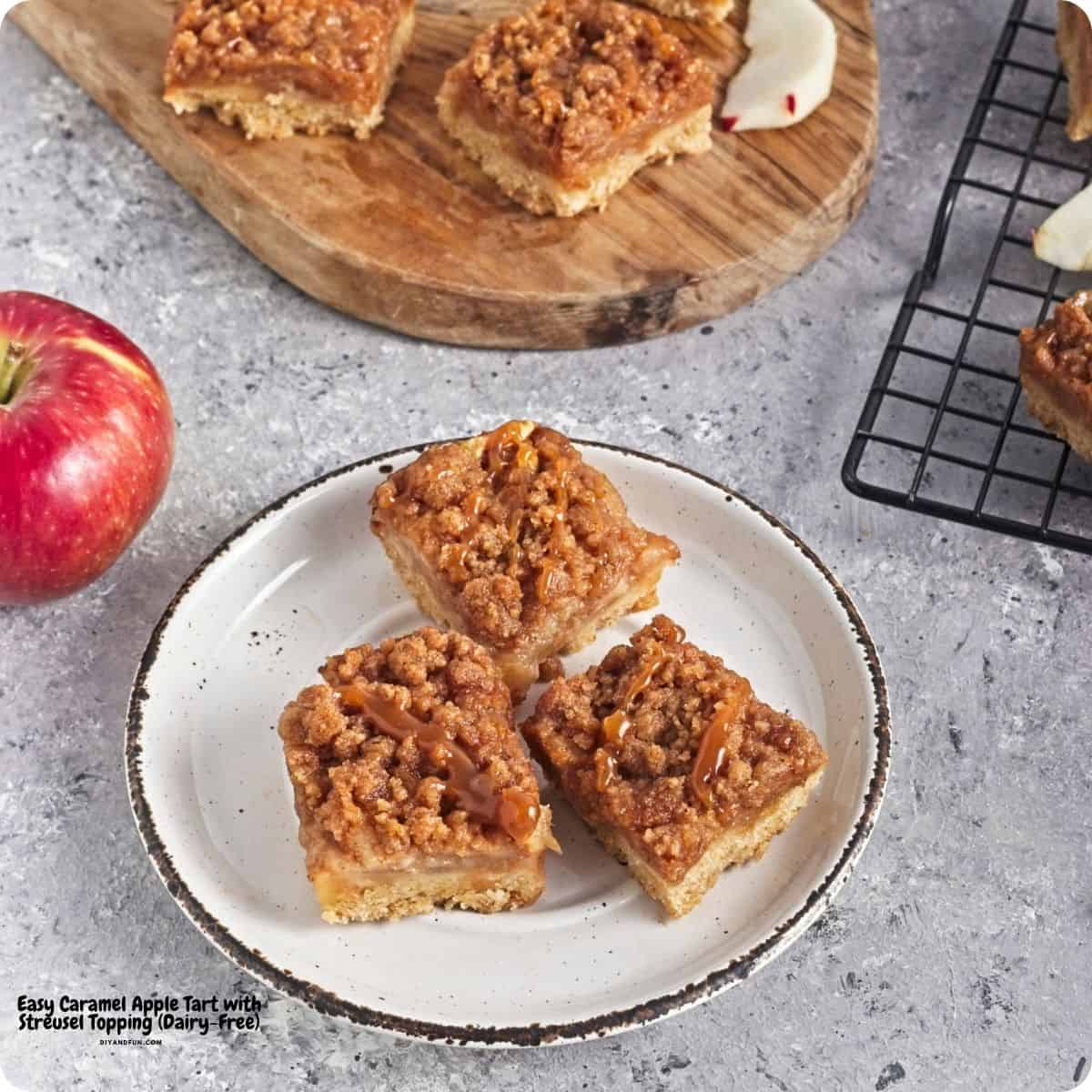 Easy Caramel Apple Tart with Streusel Topping a dairy-free fall dessert recipe made with apples tossed with cinnamon. Vegan, Vegetarian. Easy Caramel Apple Tart with Streusel Topping a dairy-free fall dessert recipe made with apples tossed with cinnamon. A cozy fall dessert!