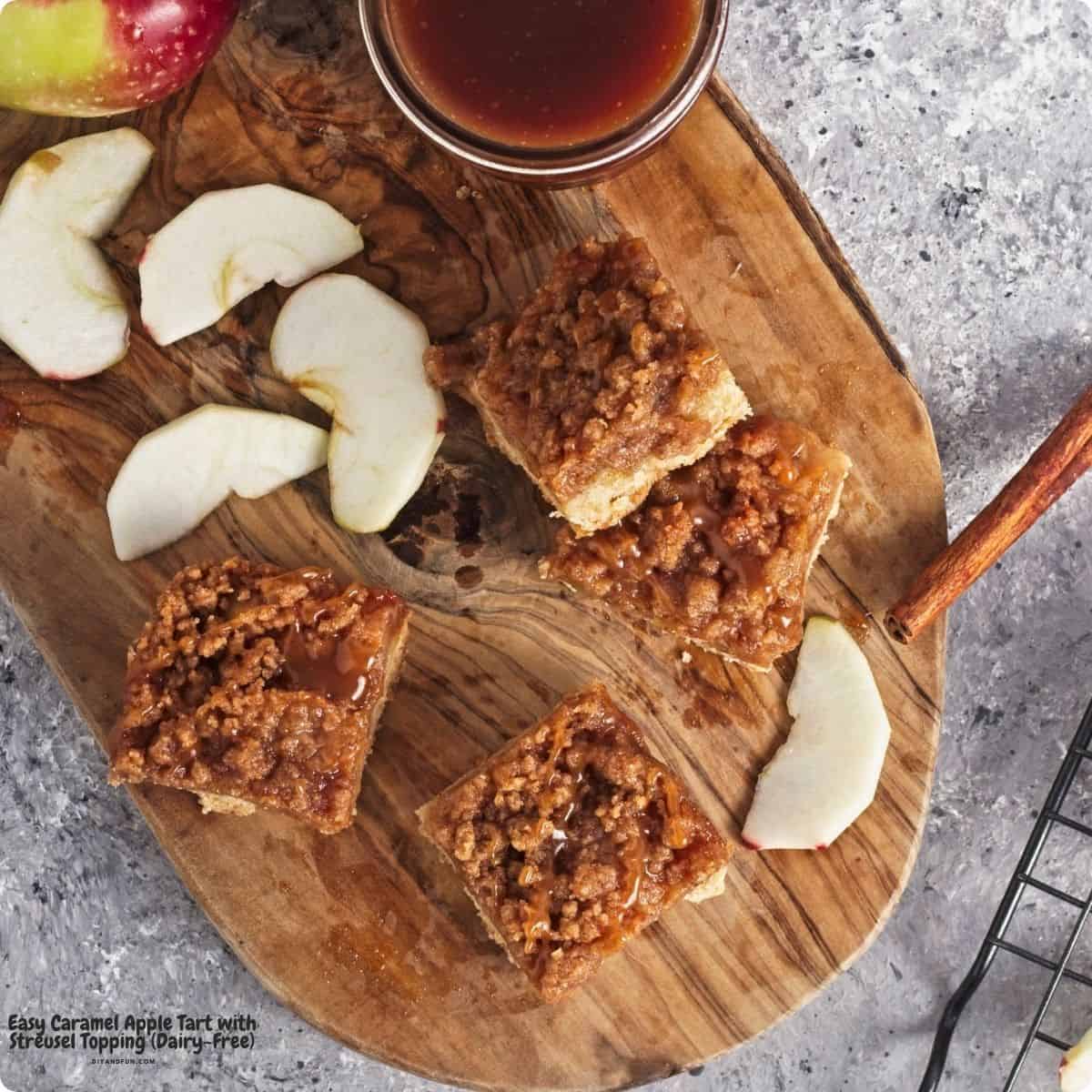 Easy Caramel Apple Tart with Streusel Topping a dairy-free fall dessert recipe made with apples tossed with cinnamon. Vegan, Vegetarian. Easy Caramel Apple Tart with Streusel Topping a dairy-free fall dessert recipe made with apples tossed with cinnamon. A cozy fall dessert!