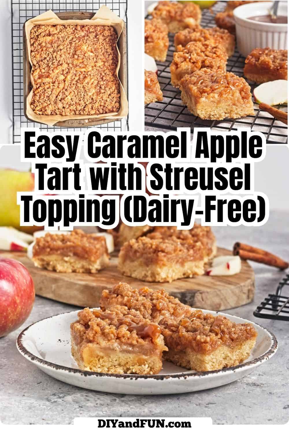 Easy Caramel Apple Tart with Streusel Topping a dairy-free fall dessert recipe made with apples tossed with cinnamon. Vegan, Vegetarian. Easy Caramel Apple Tart with Streusel Topping a dairy-free fall dessert recipe made with apples tossed with cinnamon. A cozy fall dessert!