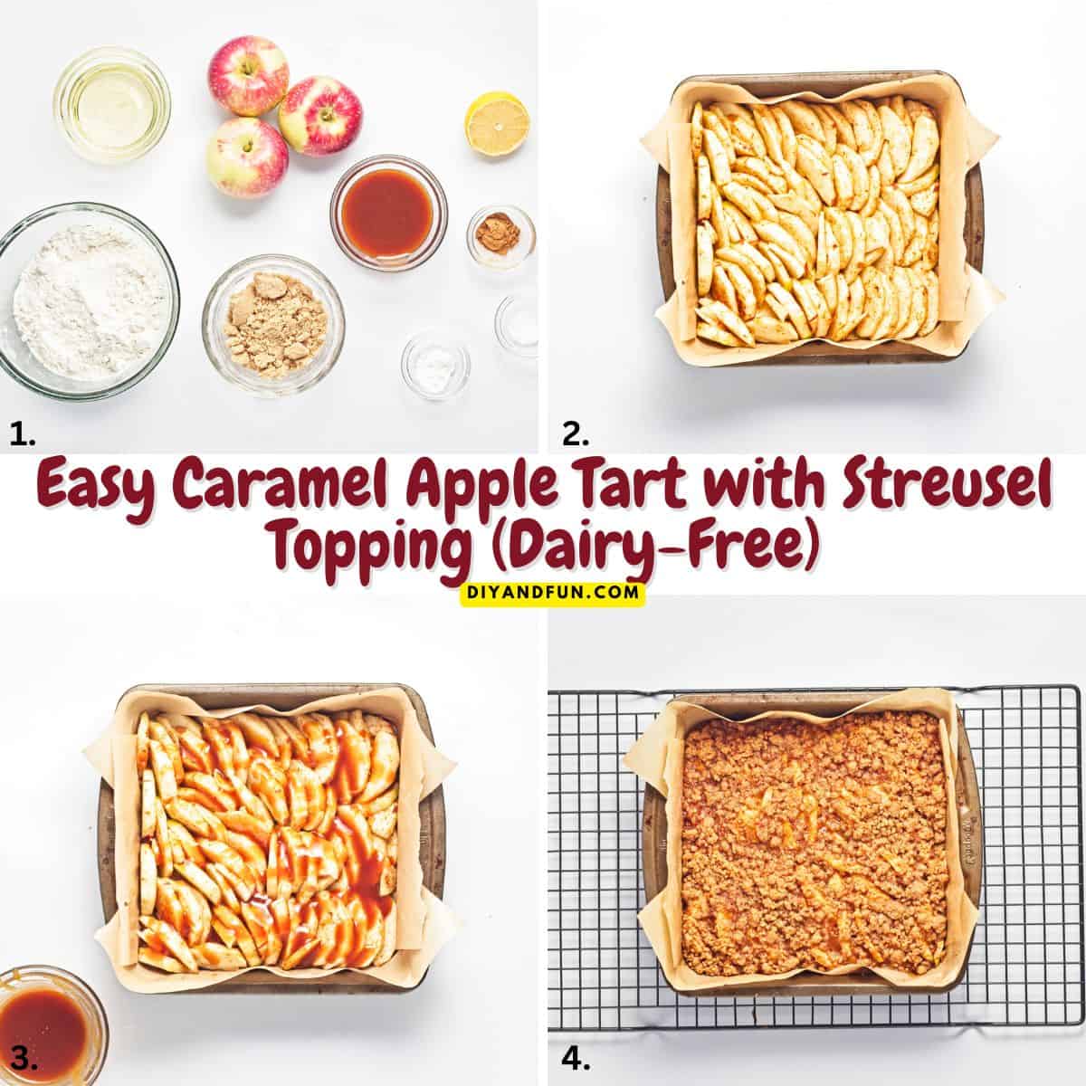 Easy Caramel Apple Tart with Streusel Topping a dairy-free fall dessert recipe made with apples tossed with cinnamon. Vegan, Vegetarian. Easy Caramel Apple Tart with Streusel Topping a dairy-free fall dessert recipe made with apples tossed with cinnamon. A cozy fall dessert!