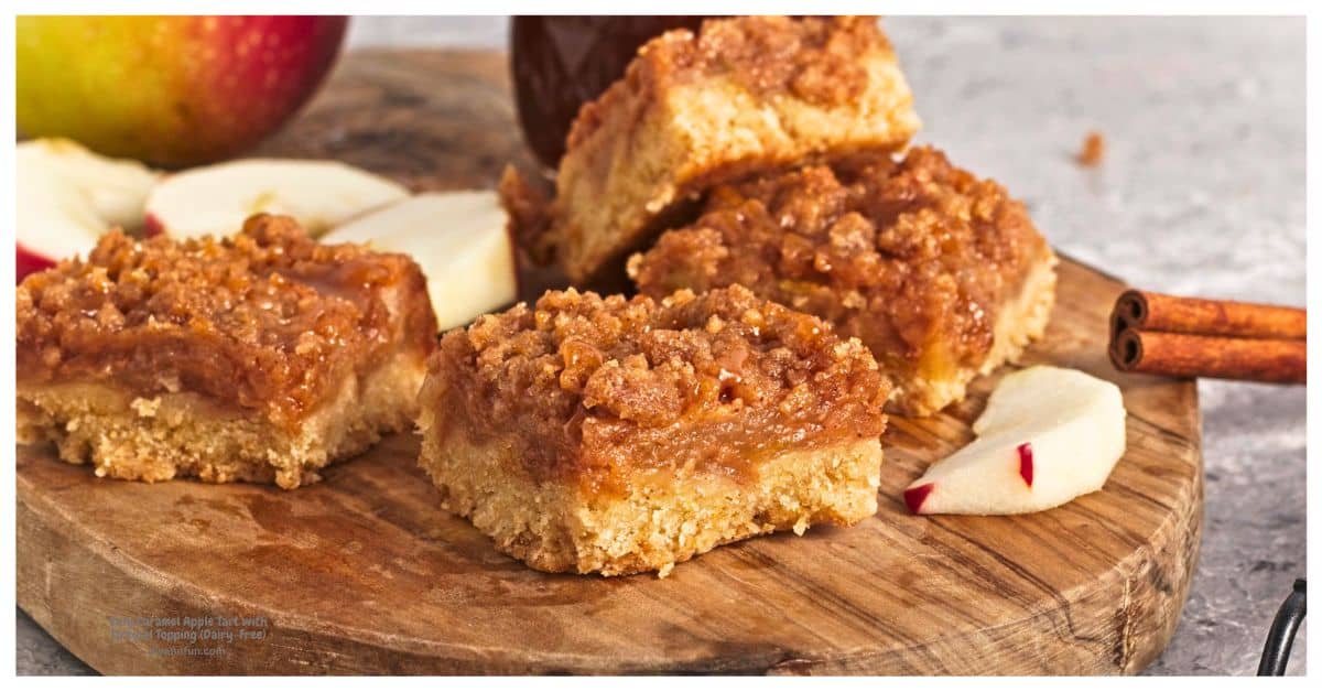 Easy Caramel Apple Tart with Streusel Topping a dairy-free fall dessert recipe made with apples tossed with cinnamon. Vegan, Vegetarian. Easy Caramel Apple Tart with Streusel Topping a dairy-free fall dessert recipe made with apples tossed with cinnamon. A cozy fall dessert!