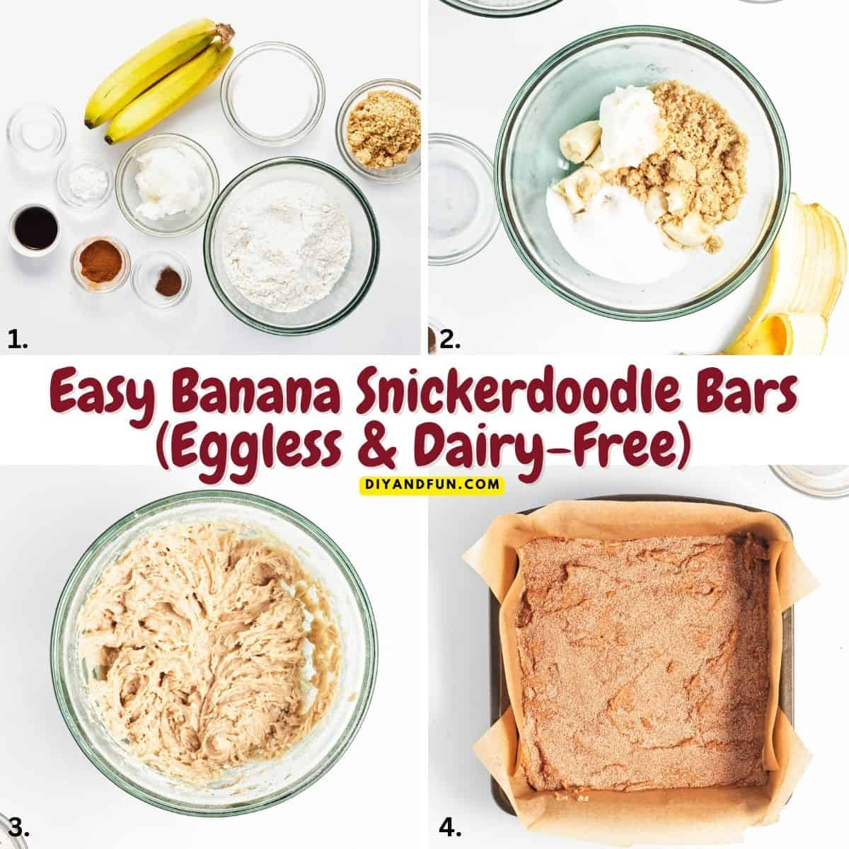 Soft and flavorful Dairy Free Banana Snickerdoodle Bars combine ripe bananas, warm cinnamon, and a sweet cinnamon-sugar topping for an easy dessert that is perfect for snacking, sharing, or enjoying with coffee Easy Banana Snickerdoodle Bars (Eggless & Dairy-Free)
