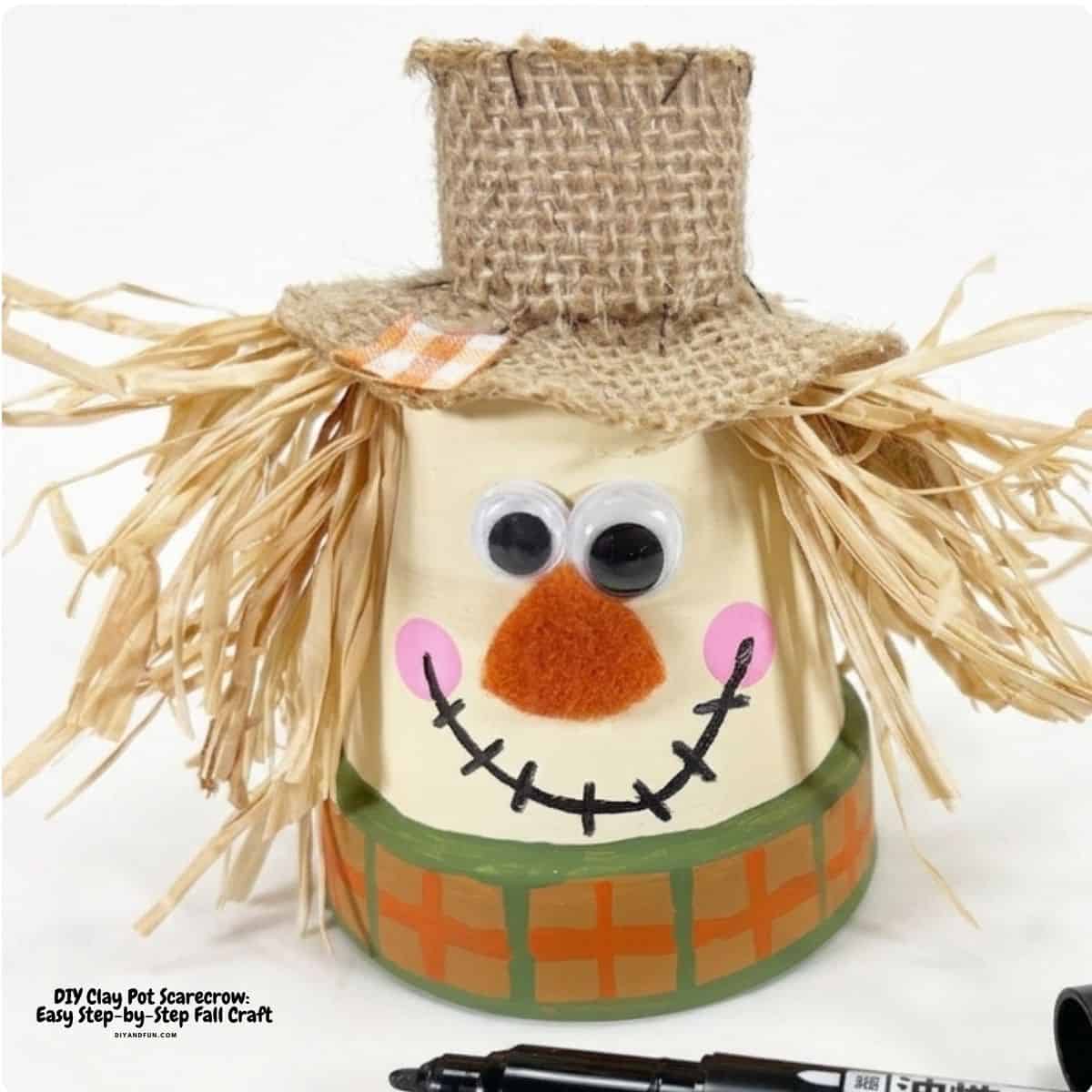 adorable DIY Clay Pot Scarecrow adorable DIY Clay Pot Scarecrow with simple Dollar Store supplies. This easy step-by-step fall craft is perfect for autumn decorating.